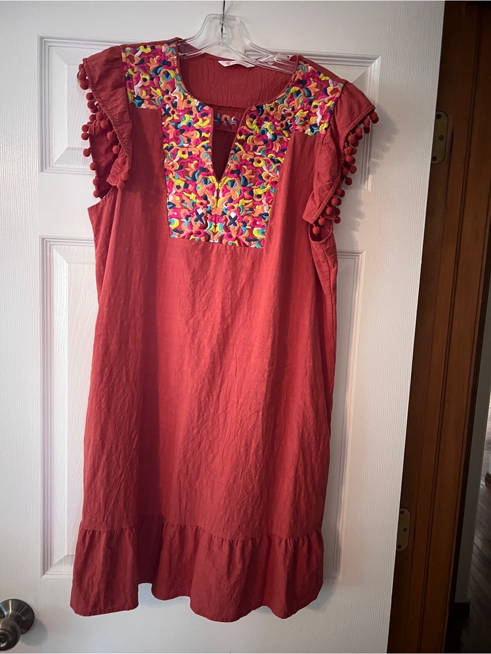 Women’s Red Embroidered Midi Dress with Pom-Pom Sleeve Detail